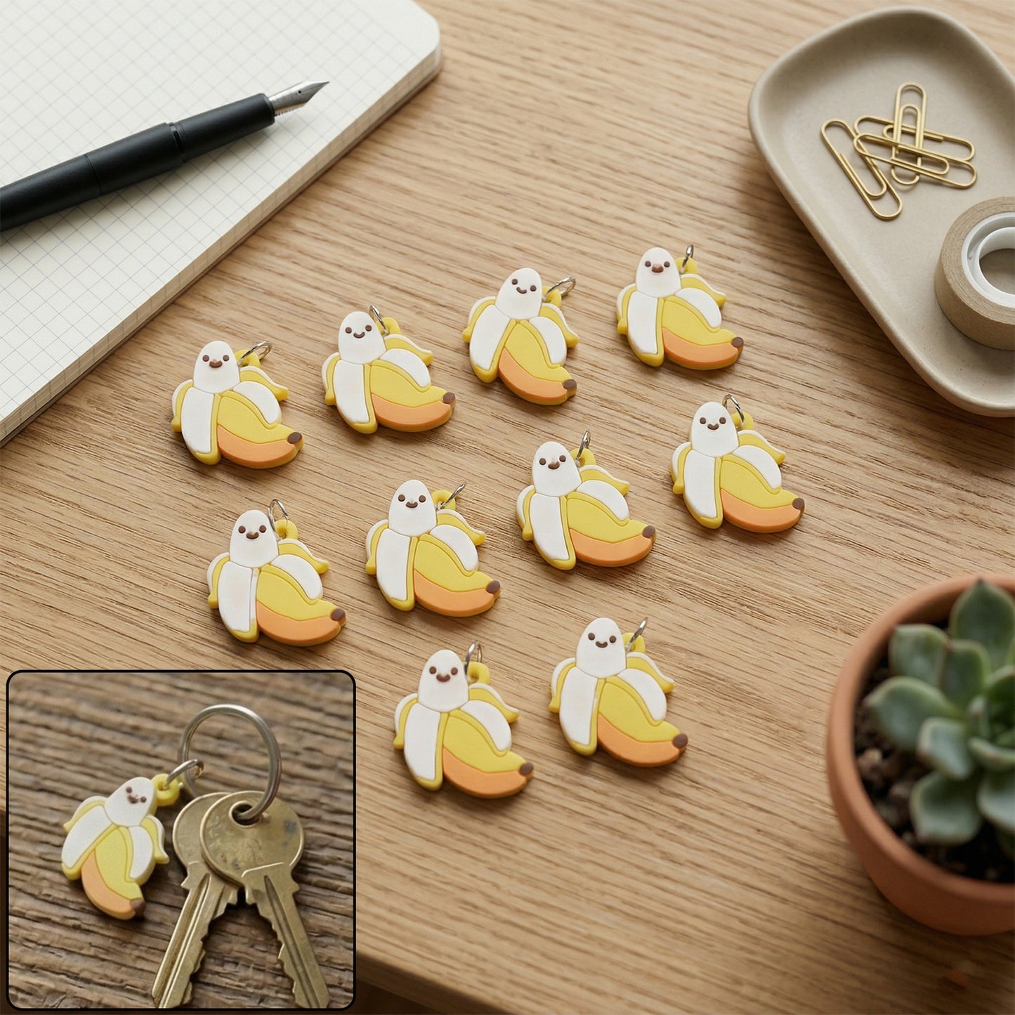Set of 10 cute cartoon banana bag charm keychains by Wukusy, featuring playful yellow banana designs for bags and keys.