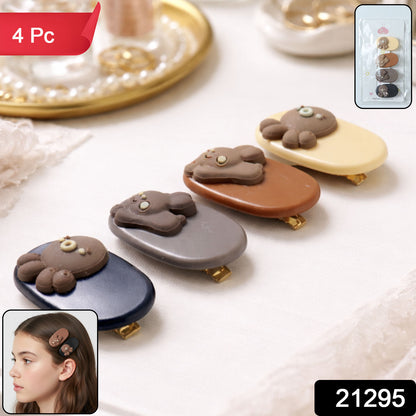 Set of four Wukusy cute cartoon bear design hair clips featuring adorable bear faces for kids' hairstyles.