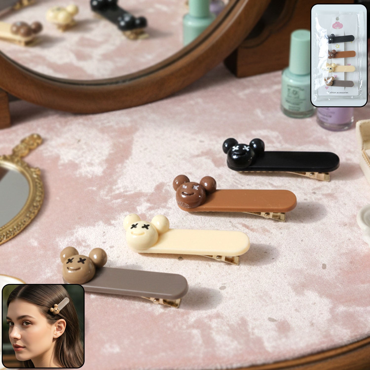 Set of 4 Wukusy cute cartoon bear design fashion hair clips, premium quality accessories for kids and adults