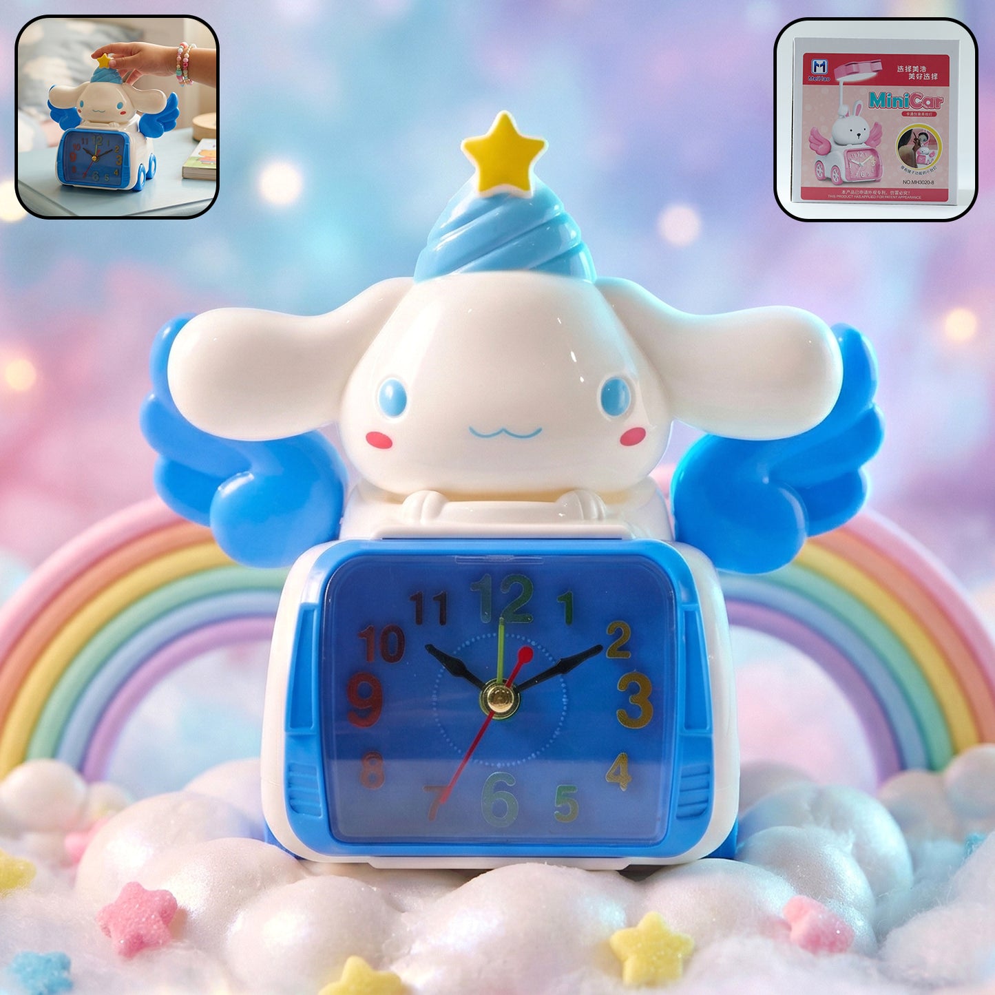 Cute cartoon bunny angel car-style table alarm clock by Wukusy, featuring a playful bunny design with a digital clock display.