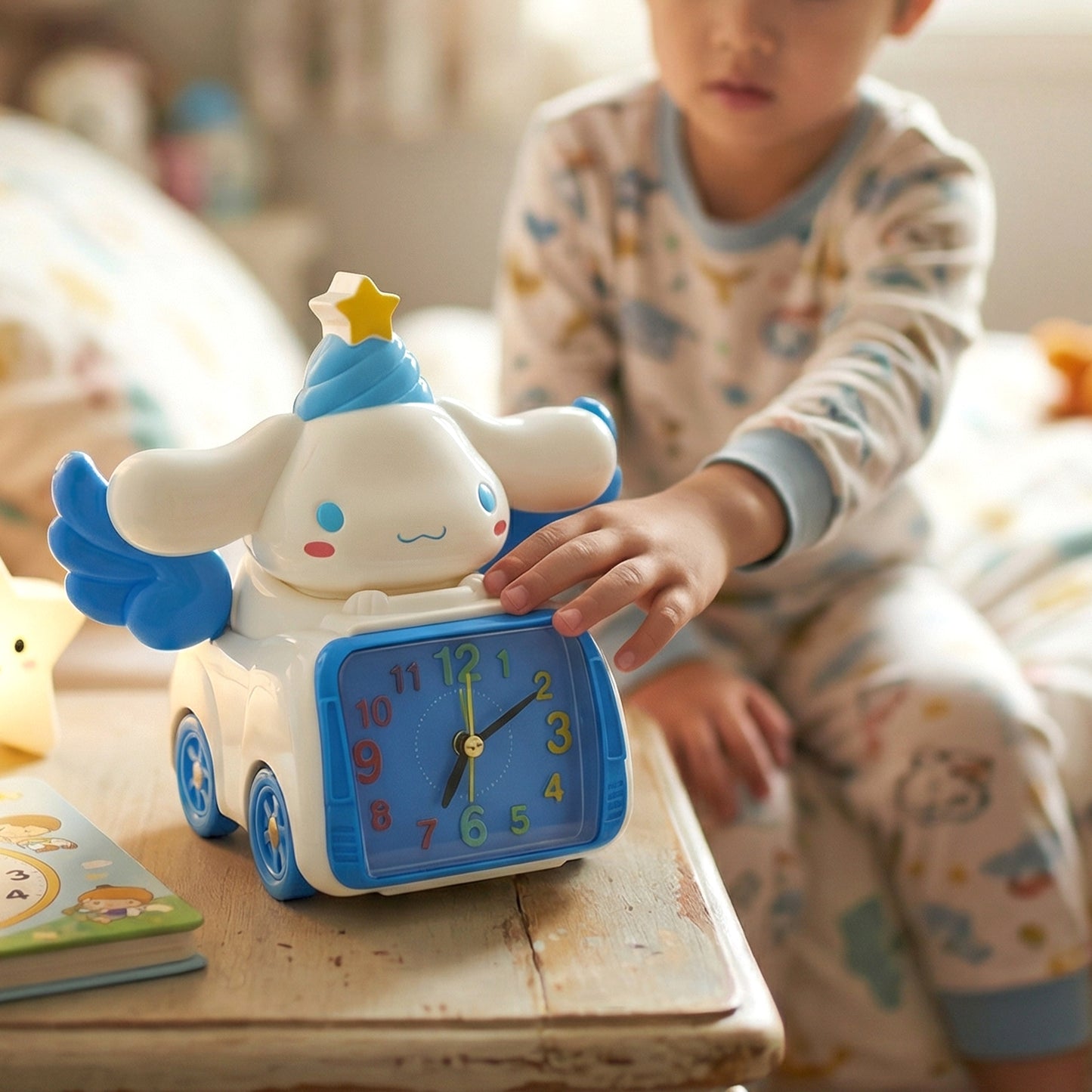 Cute cartoon bunny angel car-style table alarm clock by Wukusy, showcasing a whimsical bunny design with digital clock display.