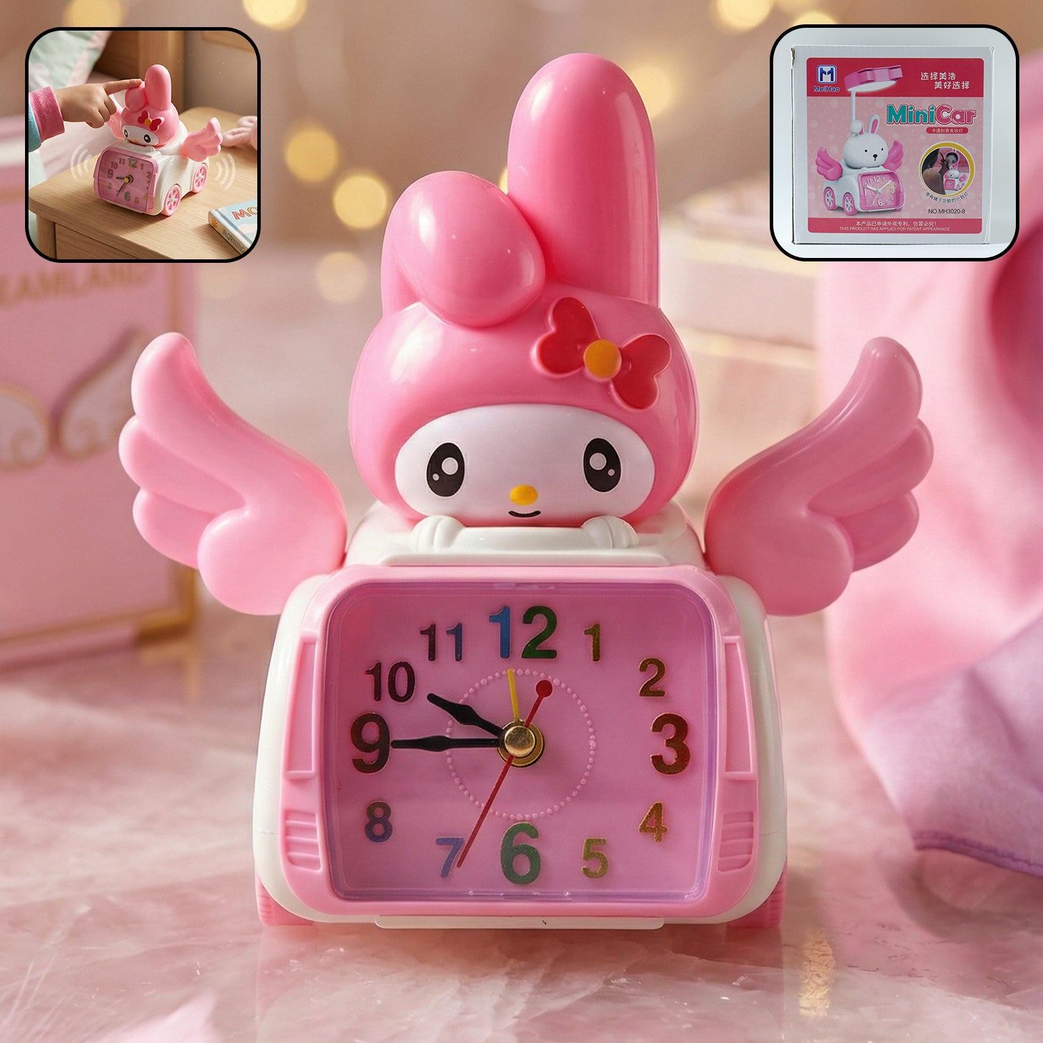 Pink cartoon bunny car-style table alarm clock by Wukusy, featuring a cute bunny design and a compact, playful appearance.