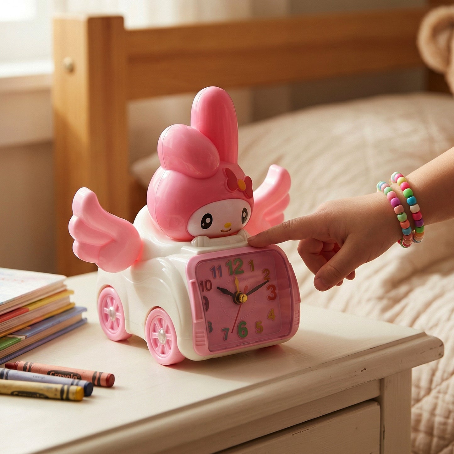 Pink cartoon bunny car-style table alarm clock by Wukusy, featuring a cute bunny design with a digital display.