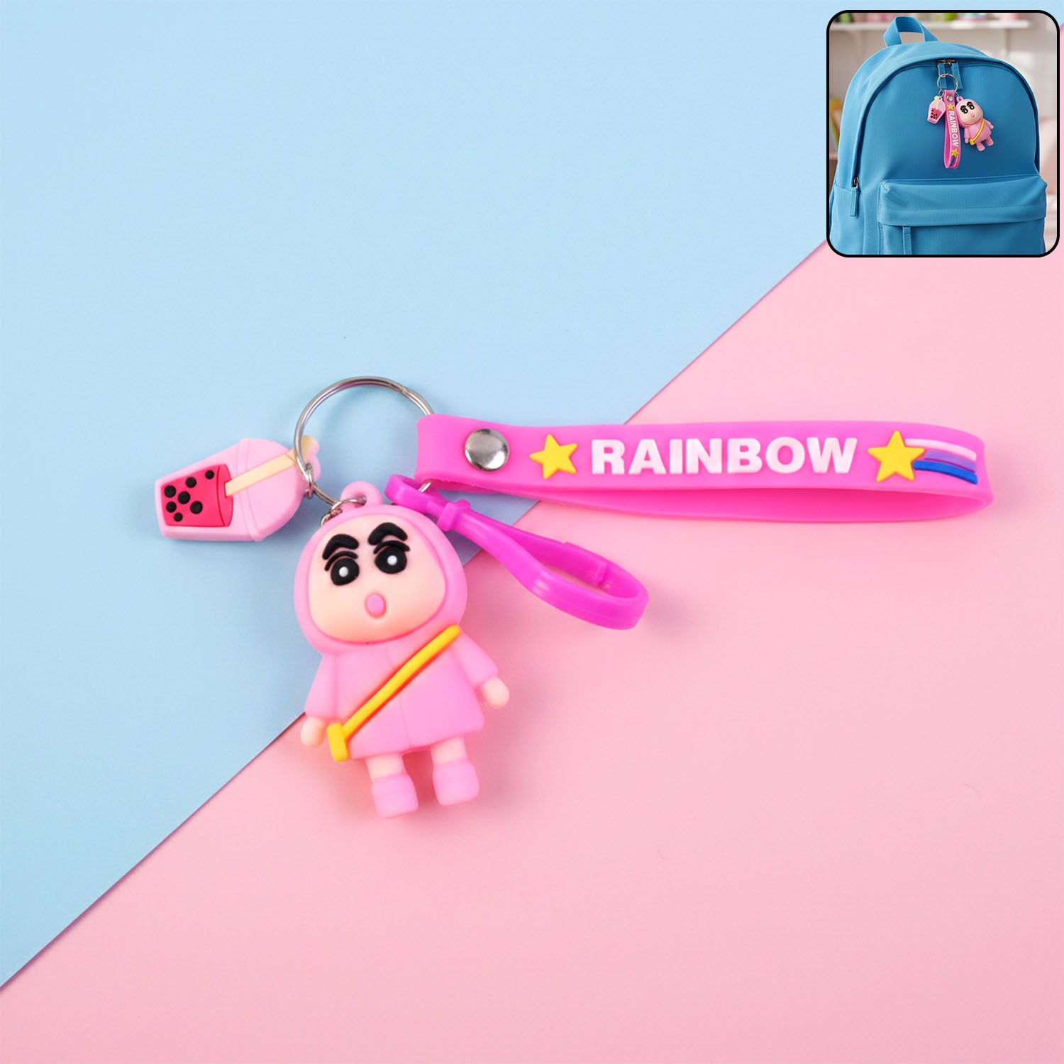 Wukusy cute cartoon character rainbow strap keychain featuring a colorful, playful design with a cartoon character on a keyring.