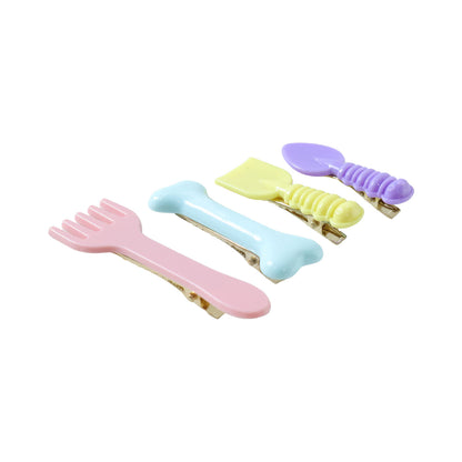 Set of four Wukusy cute cartoon food-shaped hair clips featuring colorful designs, perfect for kids' playful hairstyles.