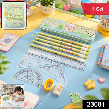 Wukusy cute cartoon geometry box stationery set with colorful pencils, pens, and erasers for school supplies.