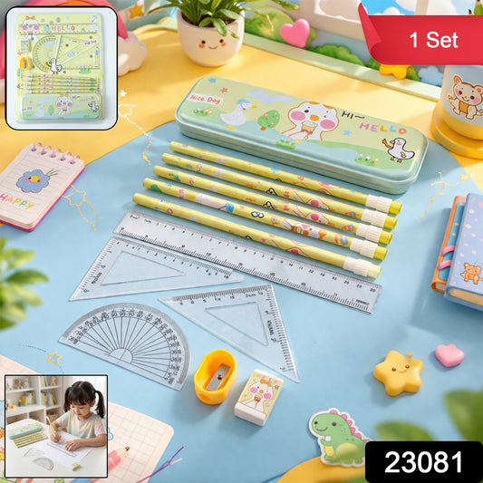 Wukusy cute cartoon geometry box stationery set with colorful pencils, pens, and erasers for school supplies.
