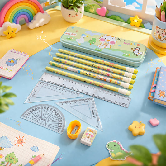 Wukusy cute cartoon geometry box stationery set with colorful pens, pencils, and accessories for school supplies.