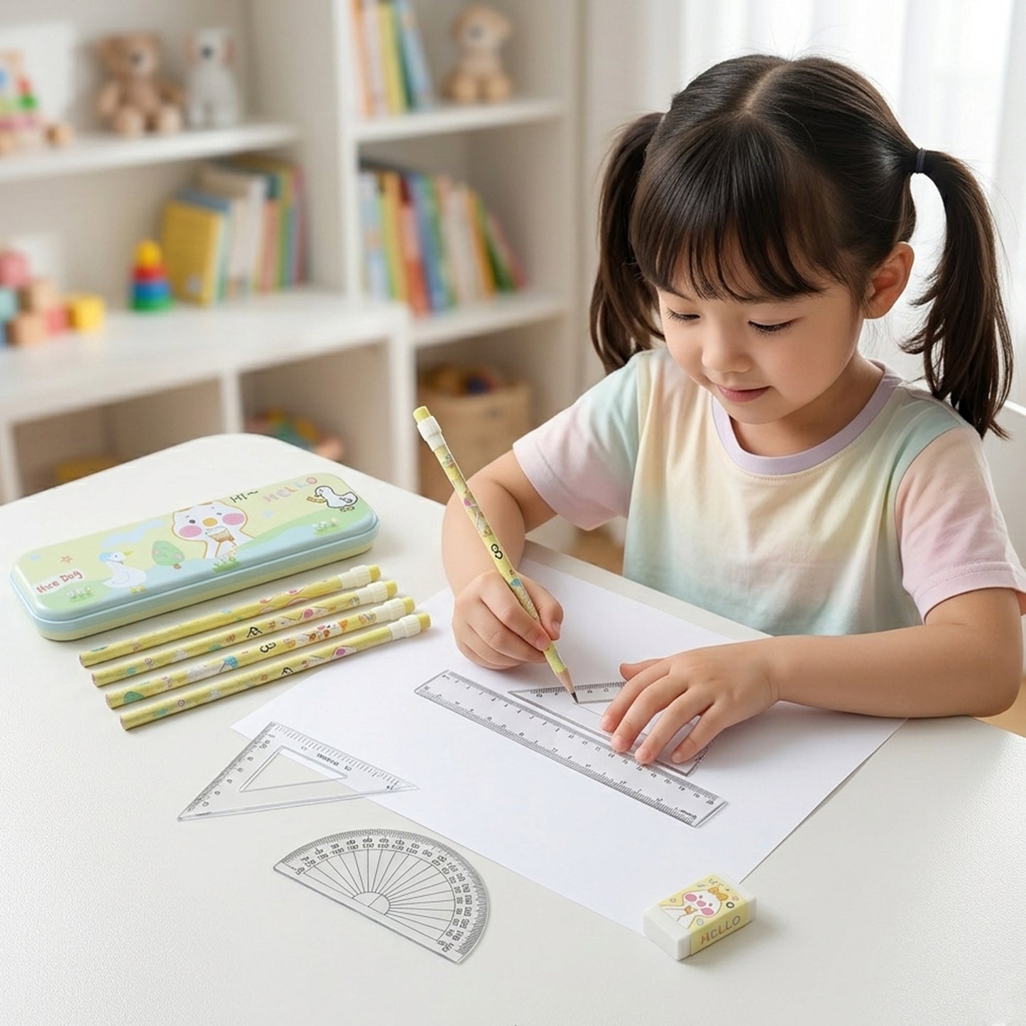 Wukusy cute cartoon geometry box stationery set with colorful pens and pencils inside, ideal for school supplies for kids