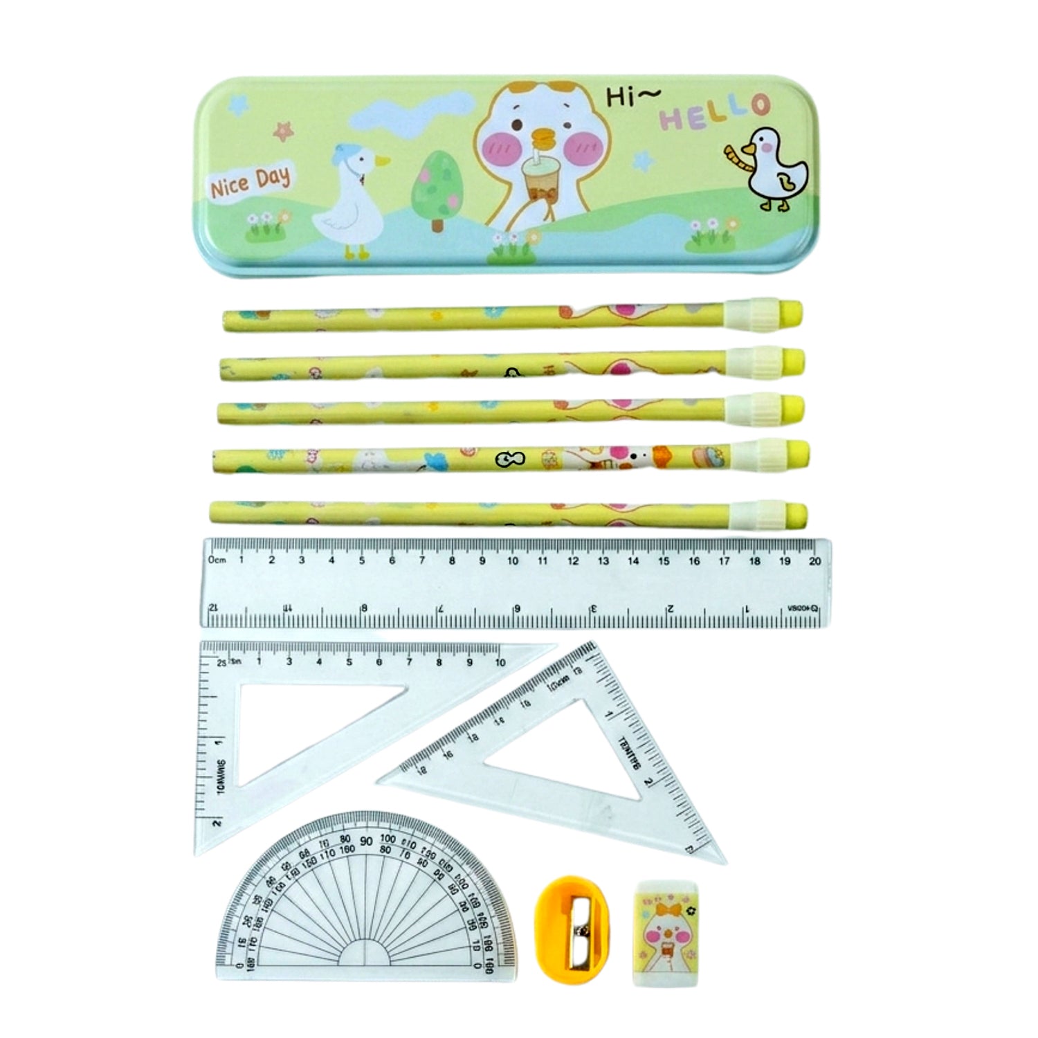 Wukusy cute cartoon geometry box stationery set with colorful pens, pencils, and accessories for school supplies.