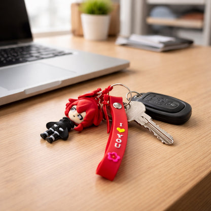 Wukusy cute cartoon girl character keychain with strap and decorative charm, featuring colorful design and playful details.