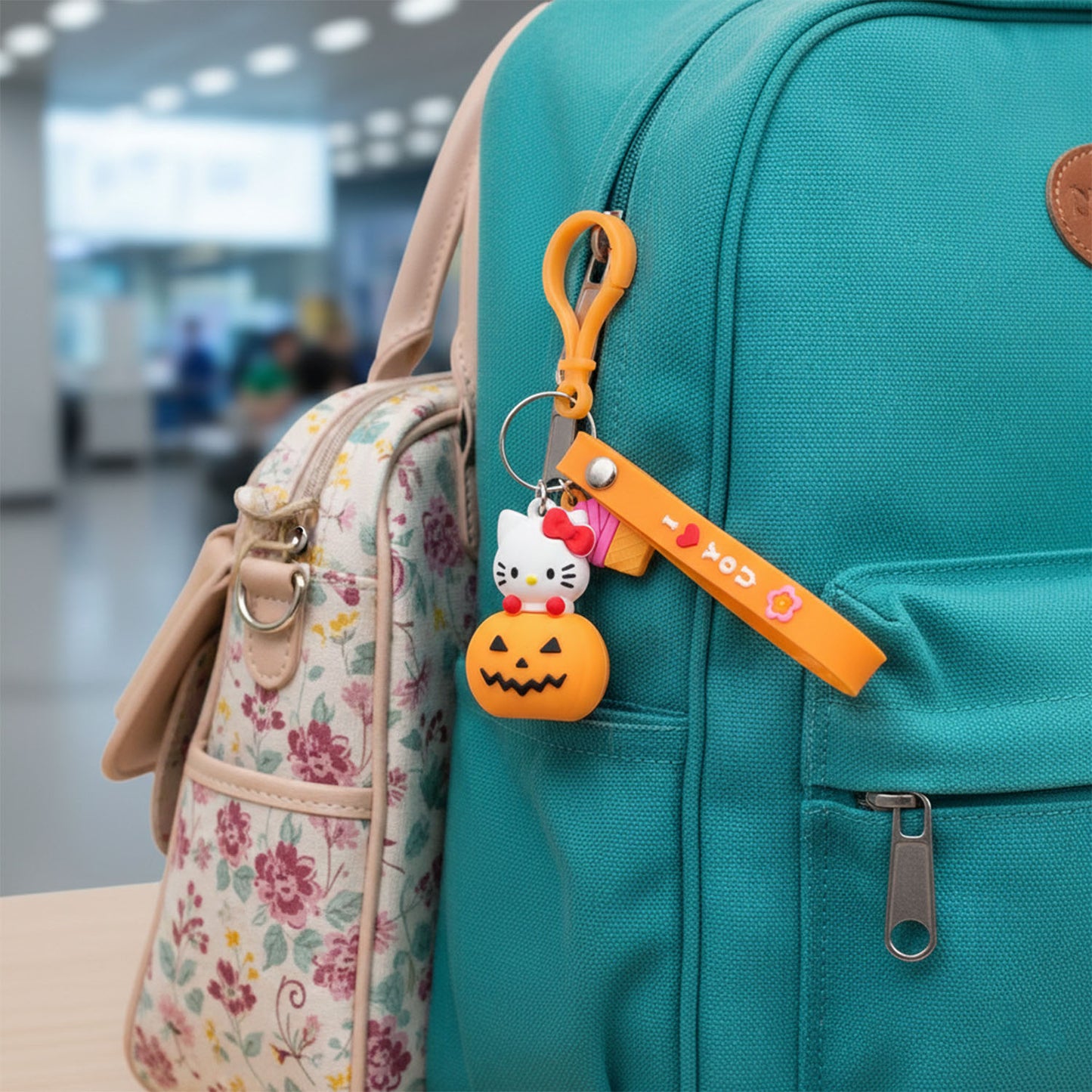 Wukusy cute cartoon kitty pumpkin keychain featuring a playful cat design on an orange pumpkin-shaped charm.