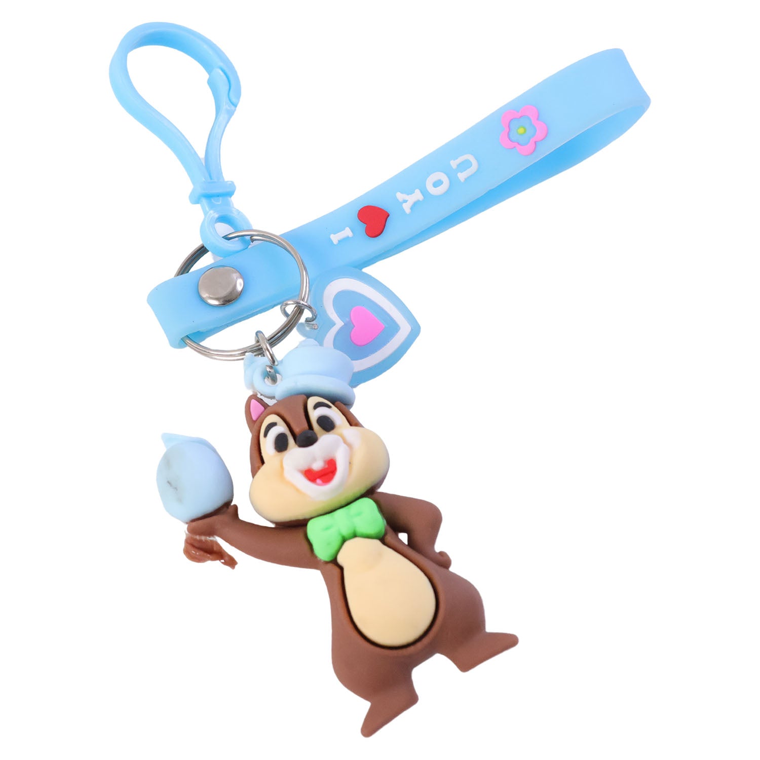 Wukusy cute cartoon squirrel character keychain hanging with vibrant colors and detailed squirrel design.