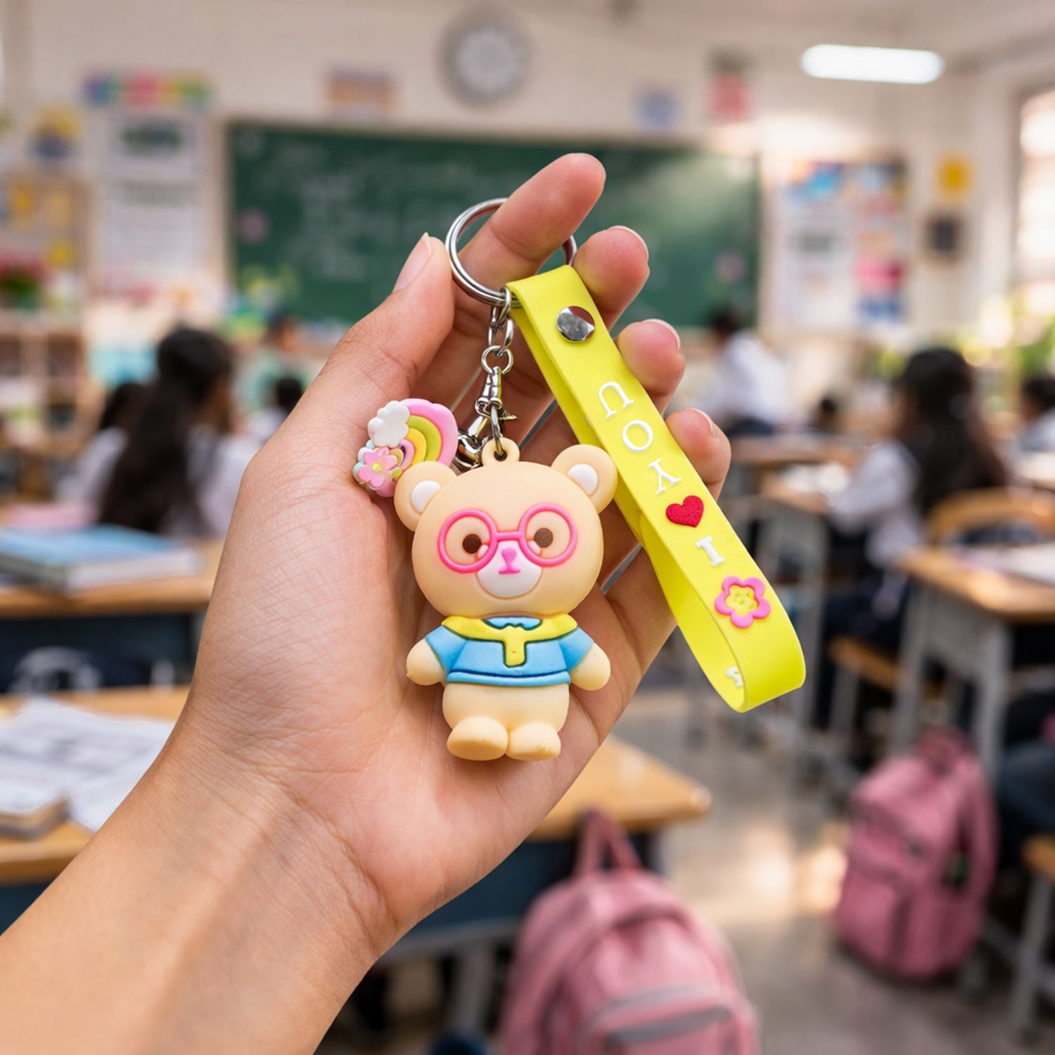 Cute cartoon Teddy Bear keychain by Wukusy with a yellow "I Love You" strap, featuring a playful bear design.