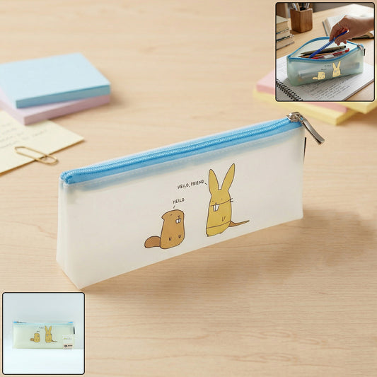 Cute cartoon transparent pencil pouch by Wukusy, featuring colorful cartoon characters and a clear design for easy access.