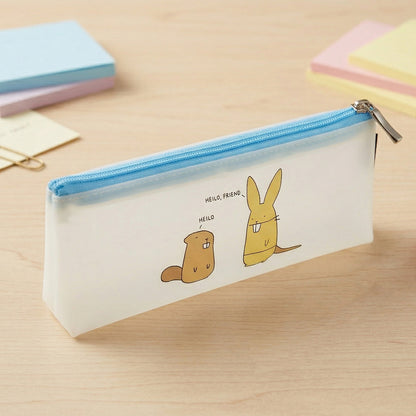 Wukusy cute cartoon transparent pencil pouch showing colorful interior and zip closure, ideal for school supplies.