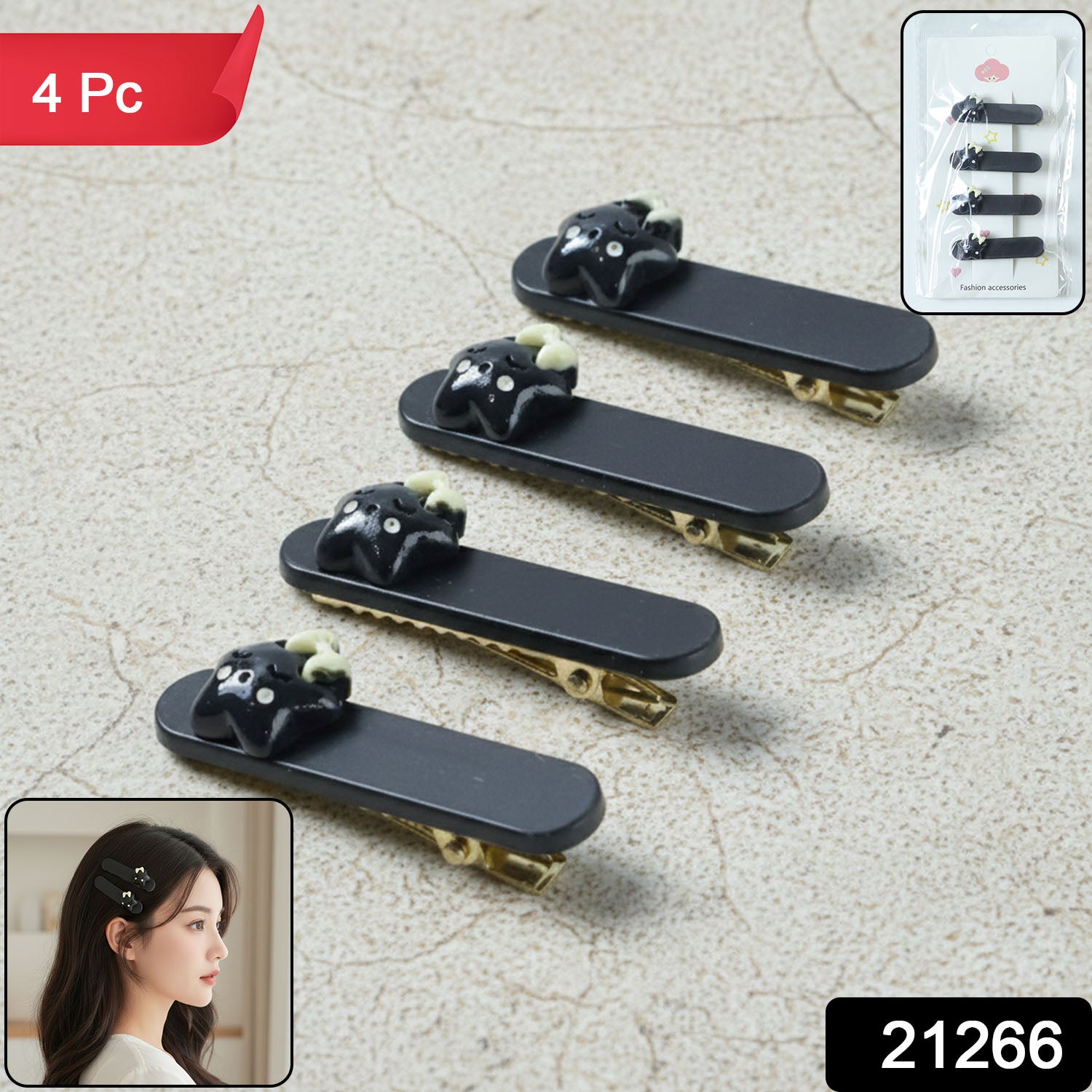 Set of four Wukusy cute cat design hair clips with premium matte finish, perfect for stylish hair accessories.