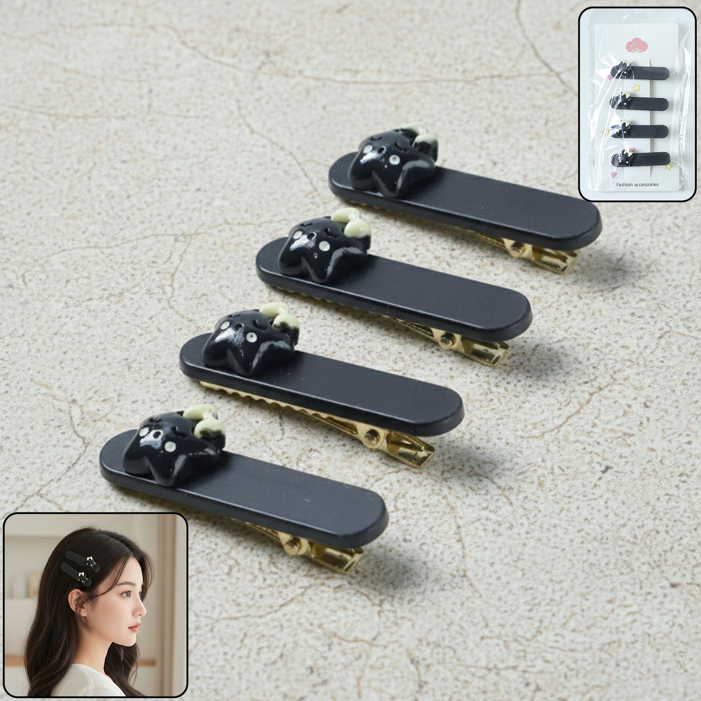 Set of four Wukusy cute cat design premium matte finish hair clips, ideal for securing hair with playful feline detail.