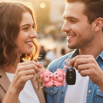 Wukusy cute couple bear-shaped 2-in-1 keychain set with two pieces, featuring adorable bear designs for keys or bags.