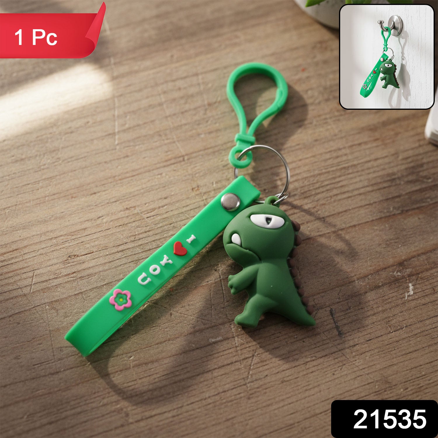 Cute dinosaur cartoon silicone keychain by Wukusy, featuring a colorful, playful dinosaur design on a durable keyring.