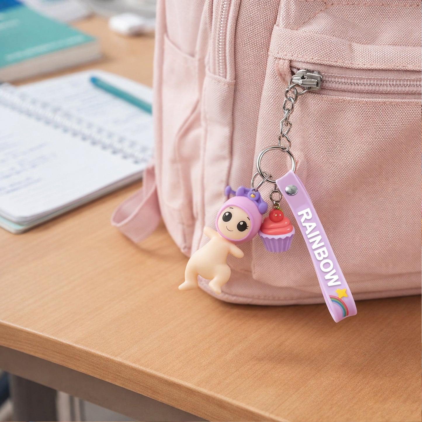 Wukusy cute doll cupcake keychain with rainbow strap, featuring a small, colorful doll and cupcake design on a vibrant strap.