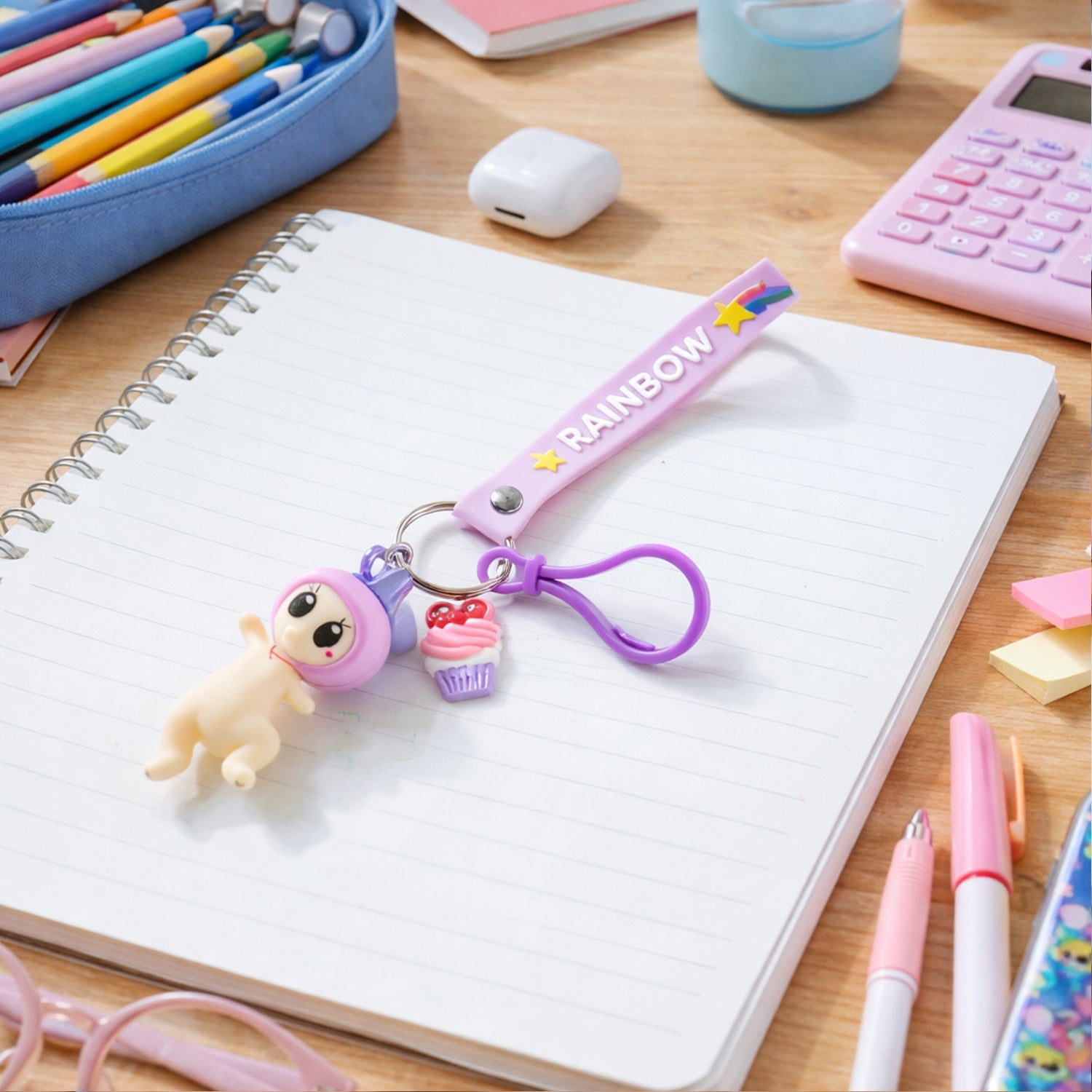 Cute doll cupcake keychain with rainbow strap from Wukusy, featuring a colorful, detailed cupcake design and plush doll charm.