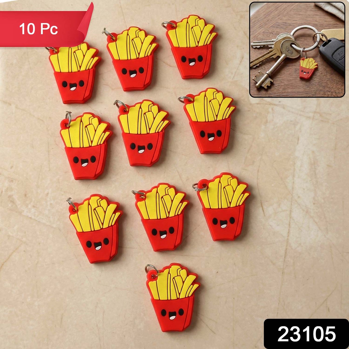 Set of 10 Wukusy cute French fries-shaped bag charm keychains with bright yellow and brown detailing, perfect for accessories.