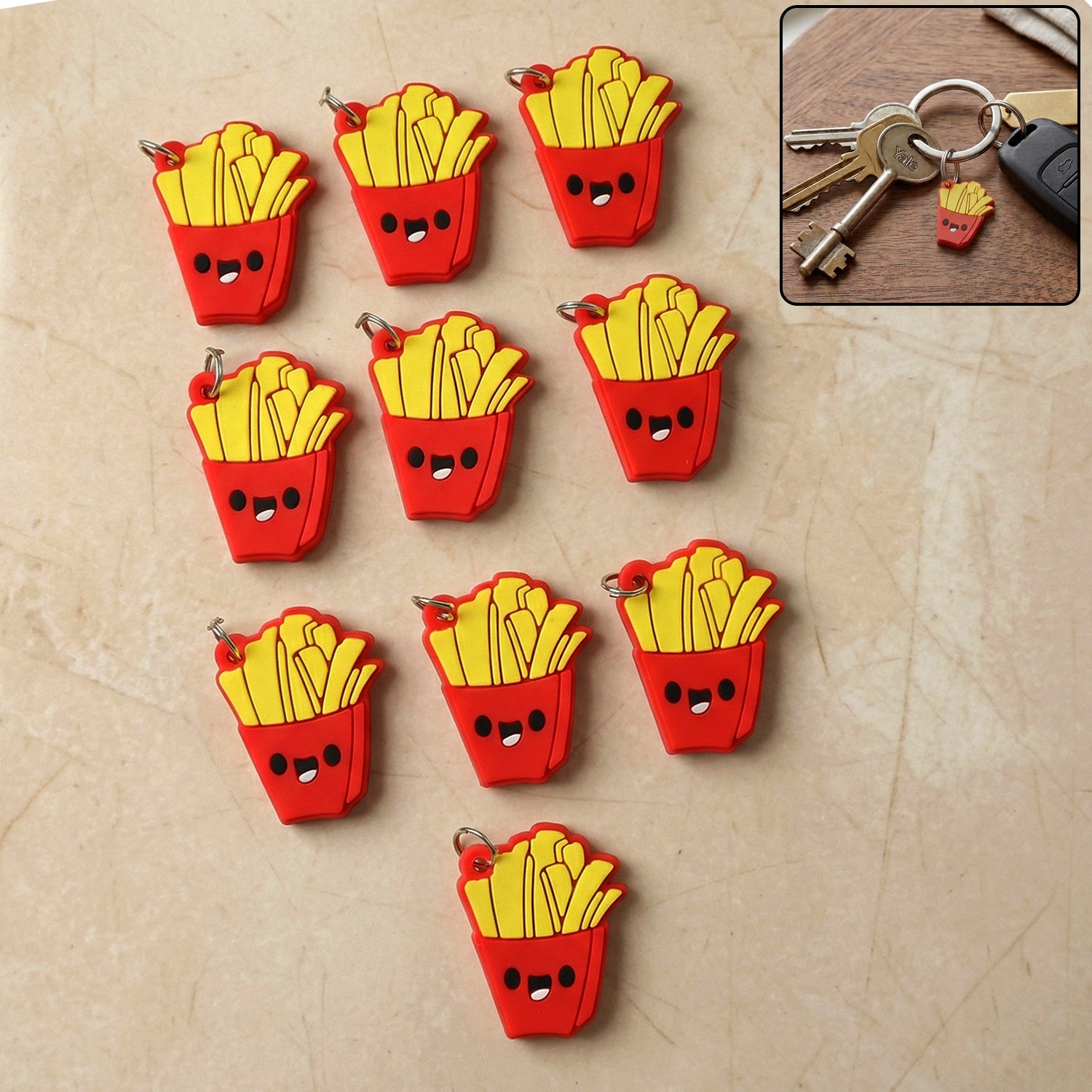 Set of 10 Wukusy French fries-shaped bag charm keychains featuring cute, playful design for accessorizing bags and keys.