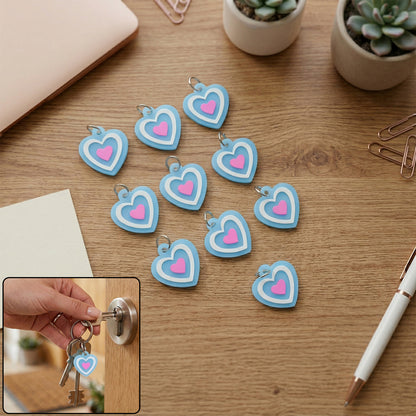 Set of 10 cute heart-shaped bag charm keychains by Wukusy, featuring colorful and decorative accessories for bags and keys.