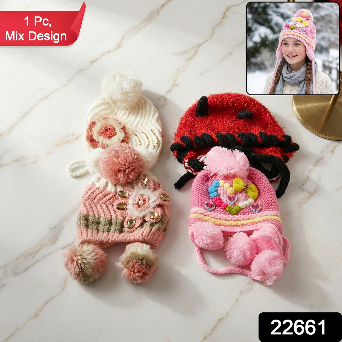 Wukusy cute kids winter woolen ear flap cap with pom-pom in mixed designs, cozy and warm for cold weather.