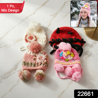 Wukusy cute kids winter woolen ear flap cap with pom-pom in mixed designs, cozy and warm for cold weather.
