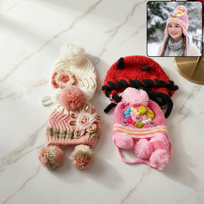 Cute kids winter woolen ear flap cap with pom-pom from Wukusy, featuring a mix of colorful designs for cozy outdoor warmth.
