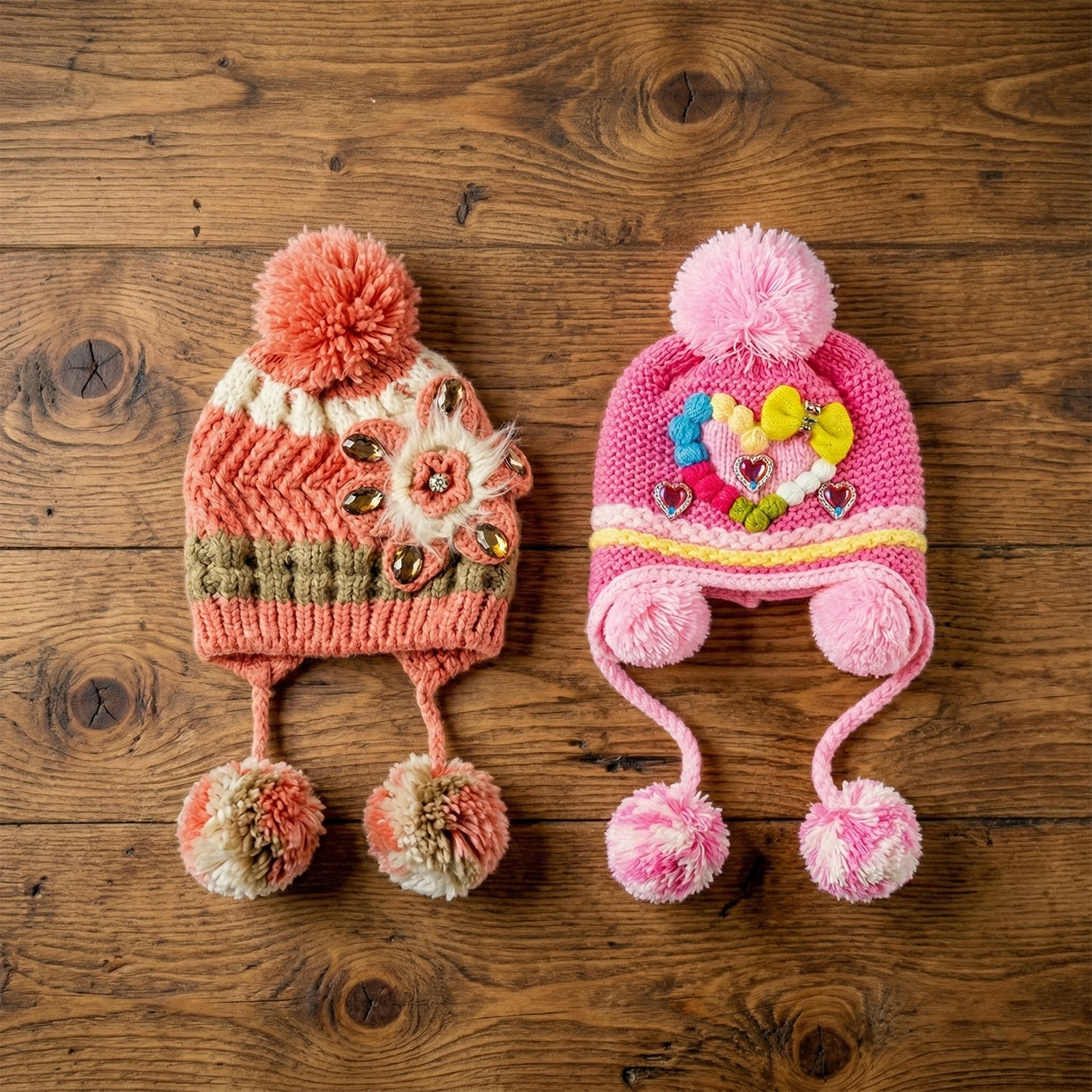 Cute kids' winter woolen ear flap cap with pom-pom by Wukusy, featuring a cozy, colorful mixed design for cold weather.