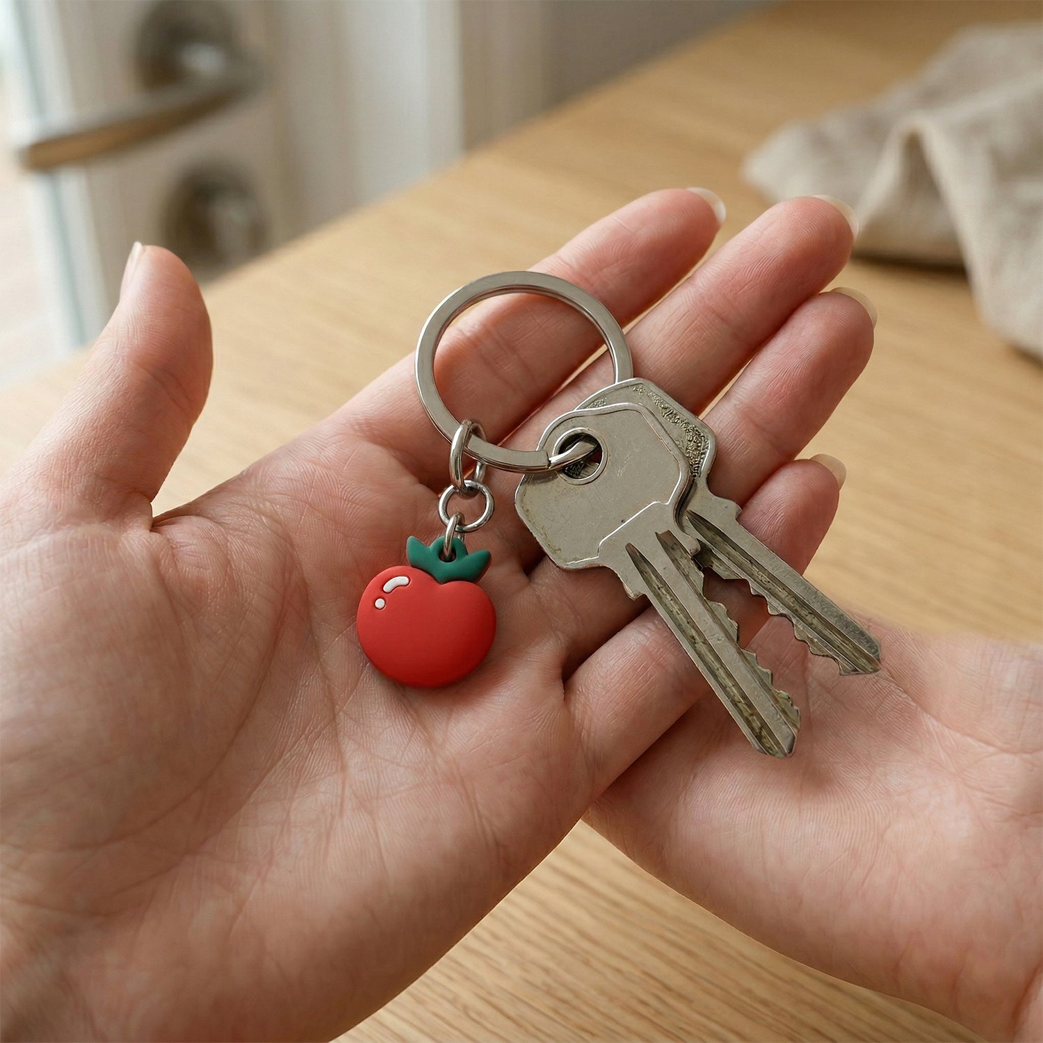 Set of 10 Wukusy red apple-shaped bag charm keychains, featuring cute and colorful accessories for bags and keys.