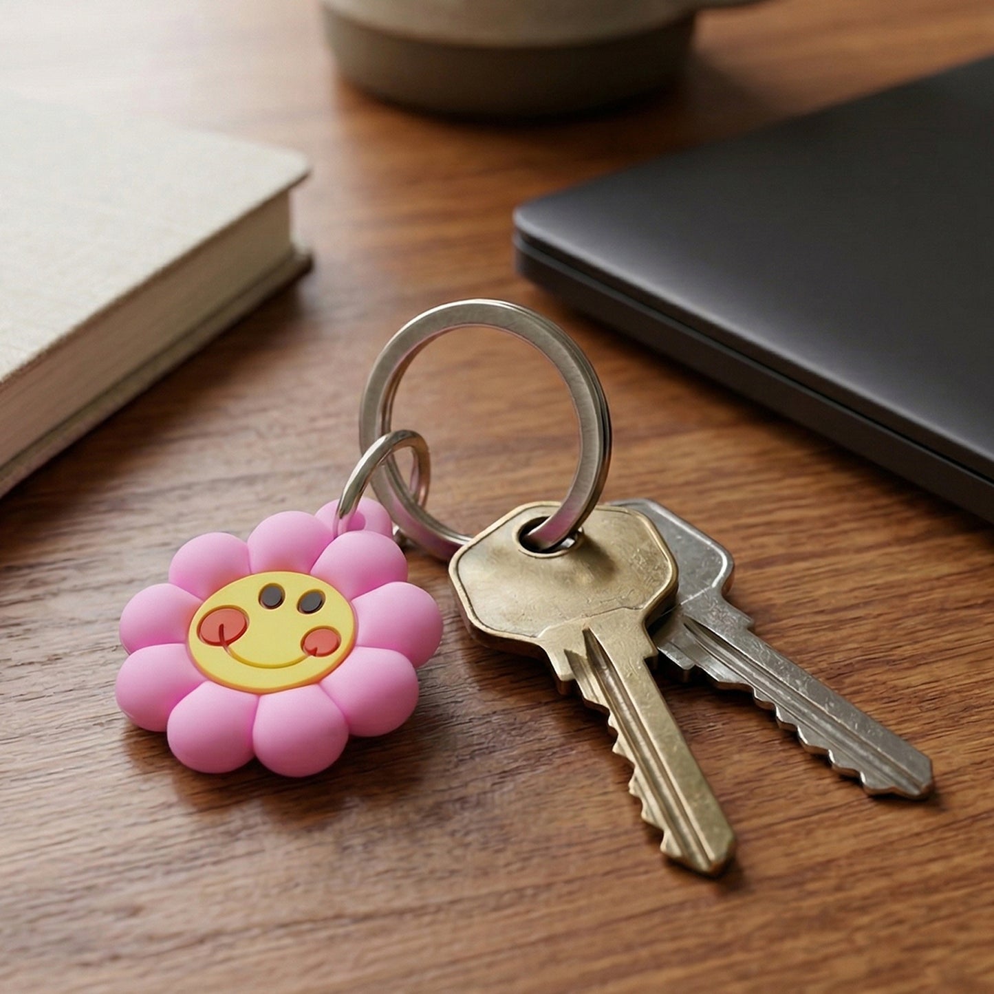 Set of 10 Wukusy cute smiley flower-shaped bag charm keychains with colorful designs and playful accessories.