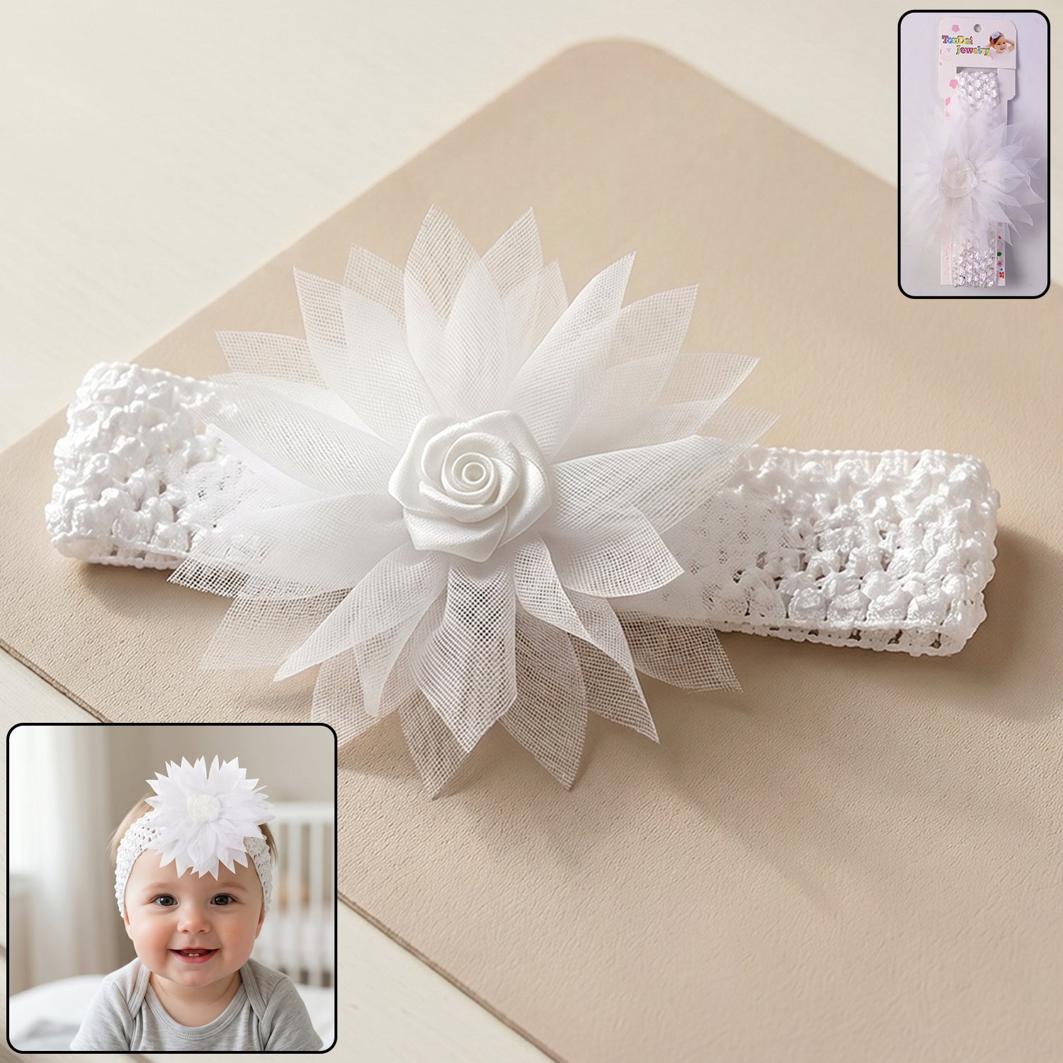 Cute soft elastic floral baby headband by Wukusy, stylish stretchable hair band for infants with colorful floral pattern.