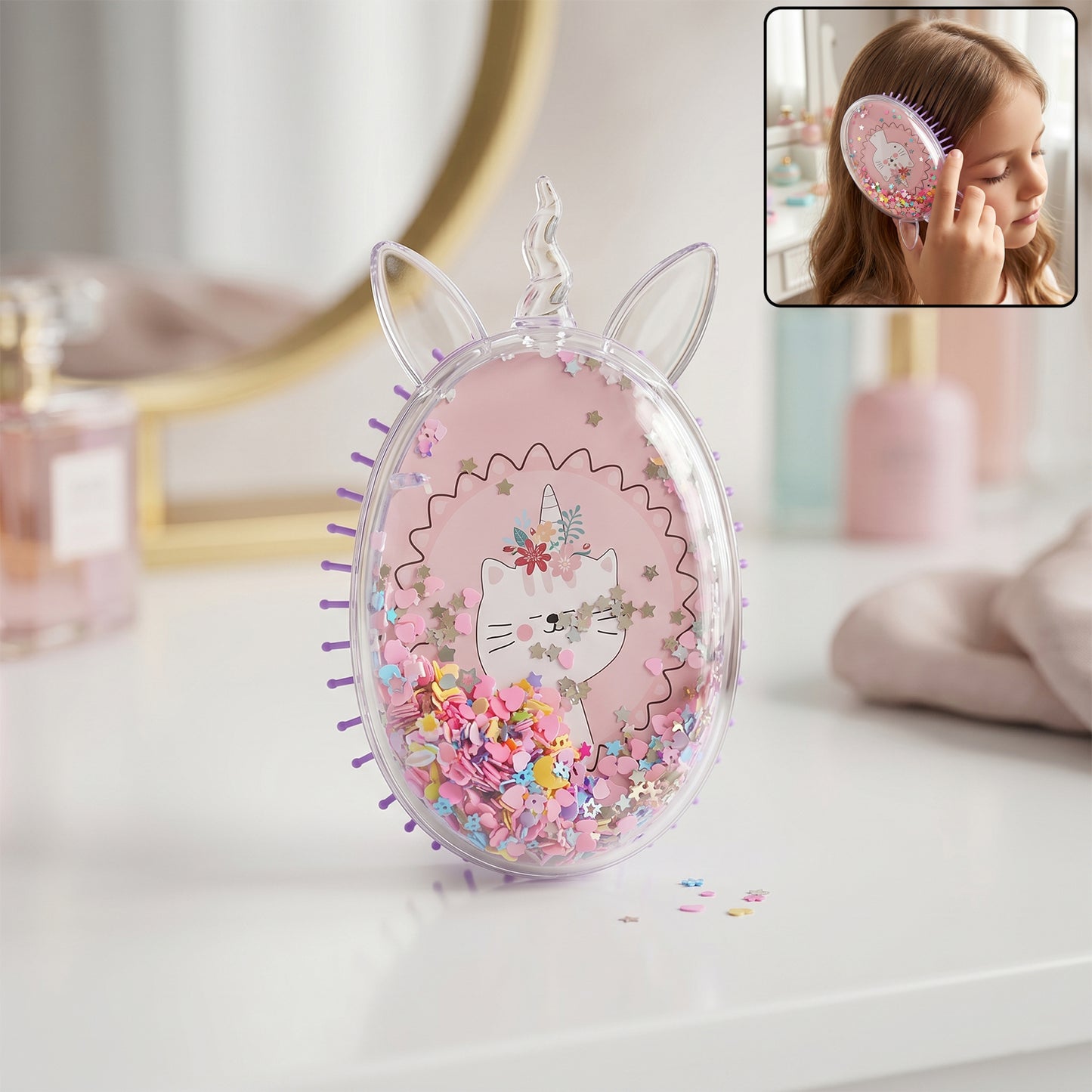 Wukusy unicorn-themed magic floating glitter hair comb with colorful sparkles and a whimsical design for kids' hair accessories.