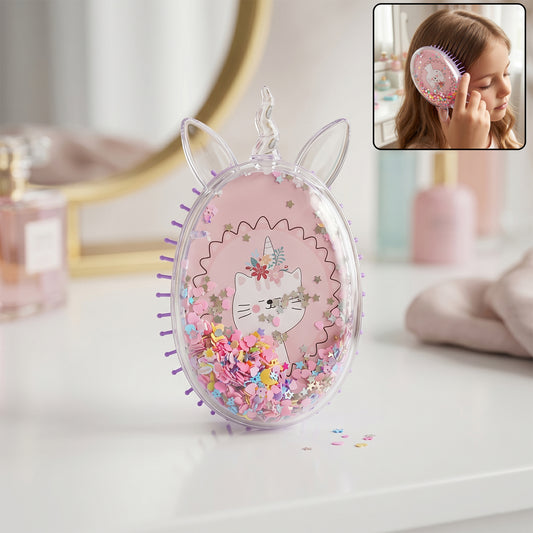 Wukusy unicorn-themed magic floating glitter hair comb with colorful sparkles and a whimsical design for kids' hair accessories.