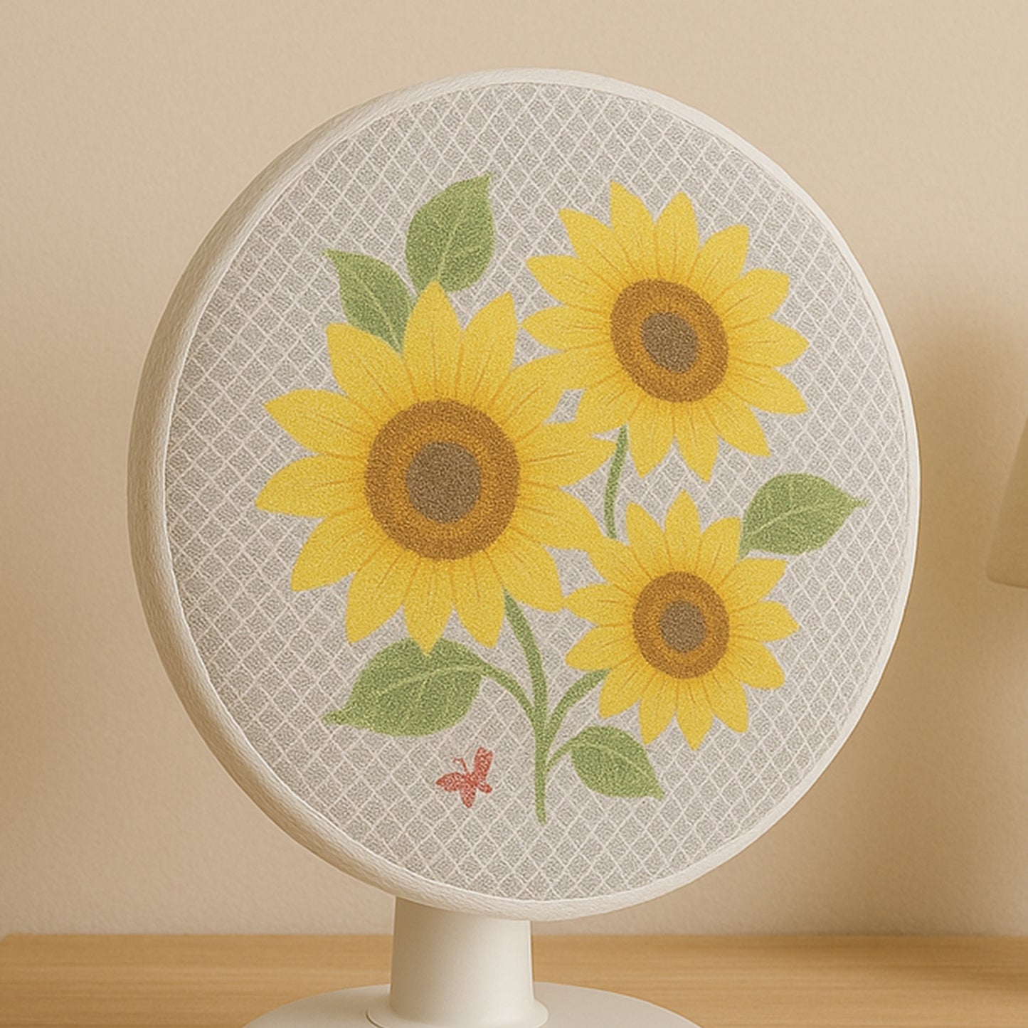 Decorative fan cover by Wukusy, single black fabric cover with intricate lace design for a decorative fan display.