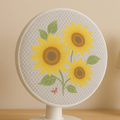 Decorative fan cover by Wukusy, single black fabric cover with intricate lace design for a decorative fan display.