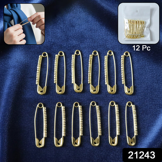 Set of 12 decorative golden safety pin brooches by Wukusy, stylish accessory collection for clothing or handbags.