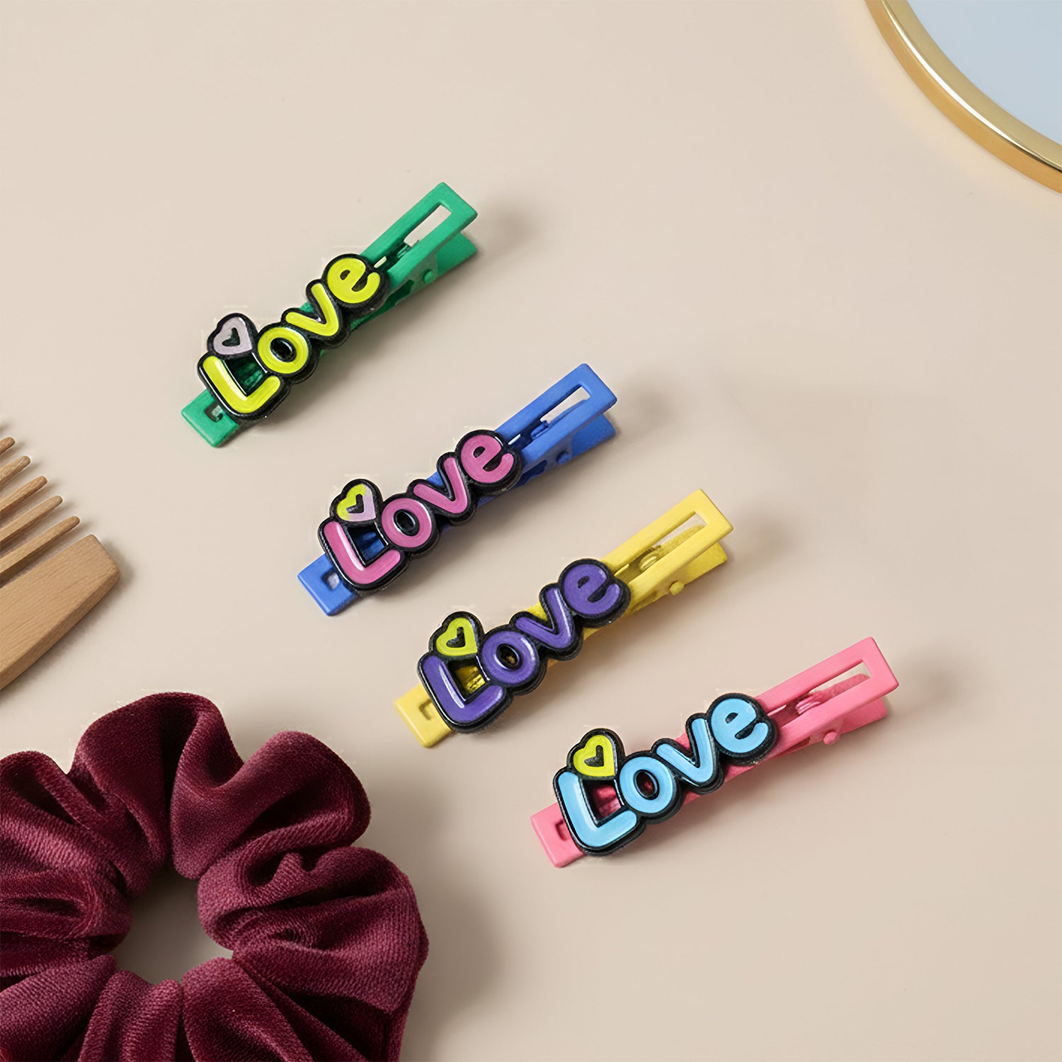 Set of four decorative hair clips by Wukusy, featuring stylish and colorful designs for versatile hair accessories.