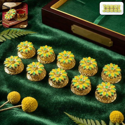 Decorative Wukusy Kankavati Kumkum Storage Set with 10 mix-design containers for traditional storage and organization.