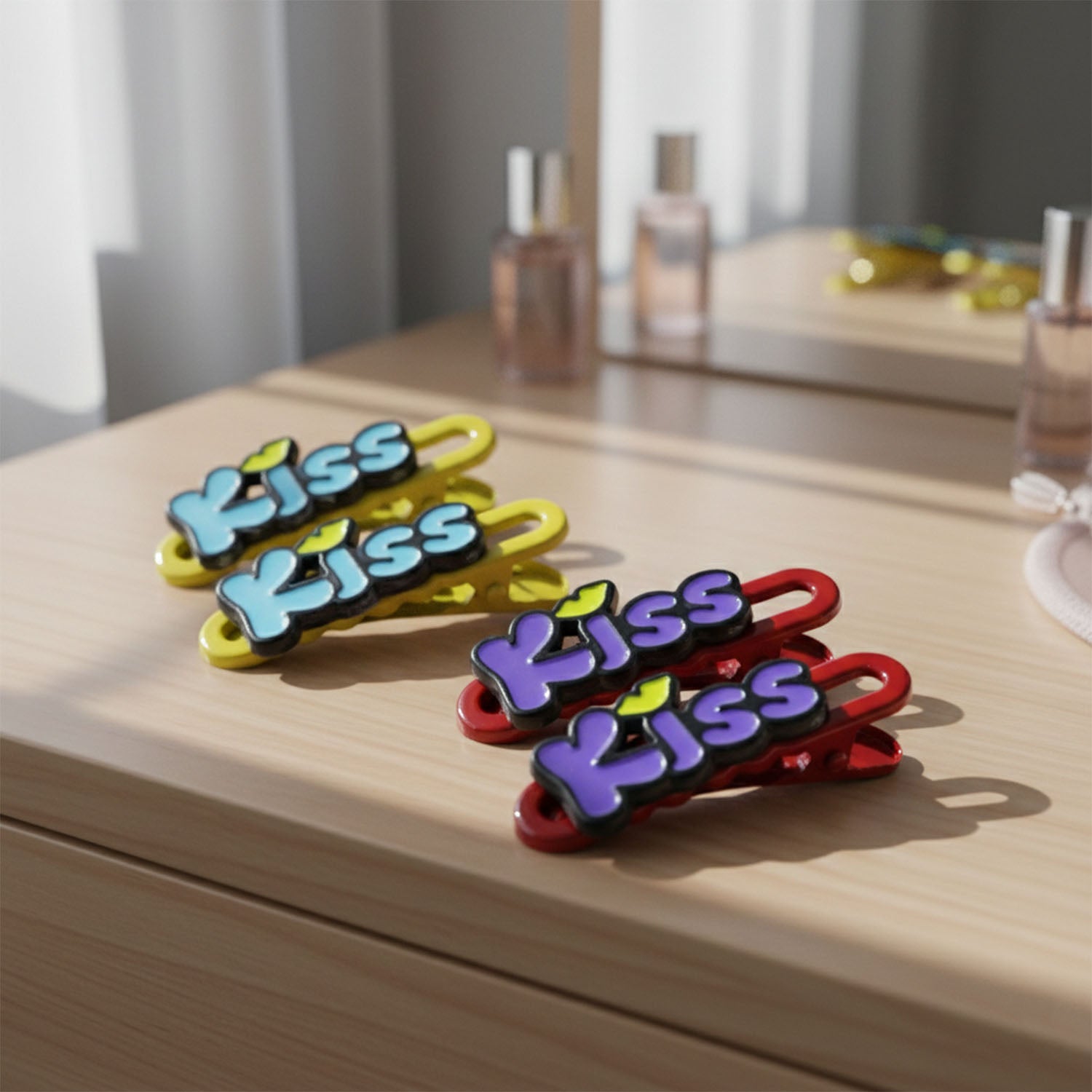 Set of four Wukusy decorative kiss text hair clips with stylish design, perfect for adding a playful touch to hairstyles.