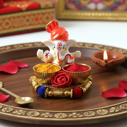 Decorative Lord Ganesha Pooja Thali Set by Wukusy featuring intricate designs and traditional accessories for religious rituals