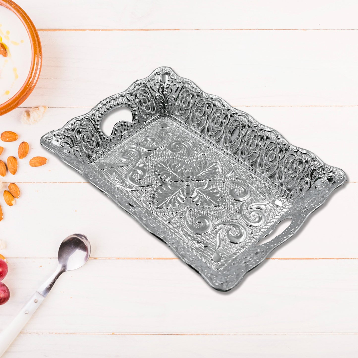 Wukusy decorative serving tray for mukhwas, dry fruits, candies, and snacks, with a fancy design for elegant presentation
