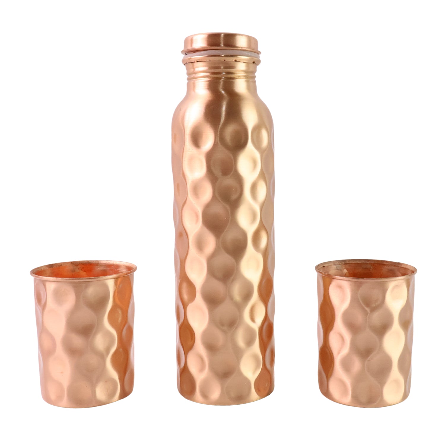 Diamond cut copper water bottle with two glasses and gift box, Wukusy 3-piece set, featuring intricate design and traditional craftsmanship.
