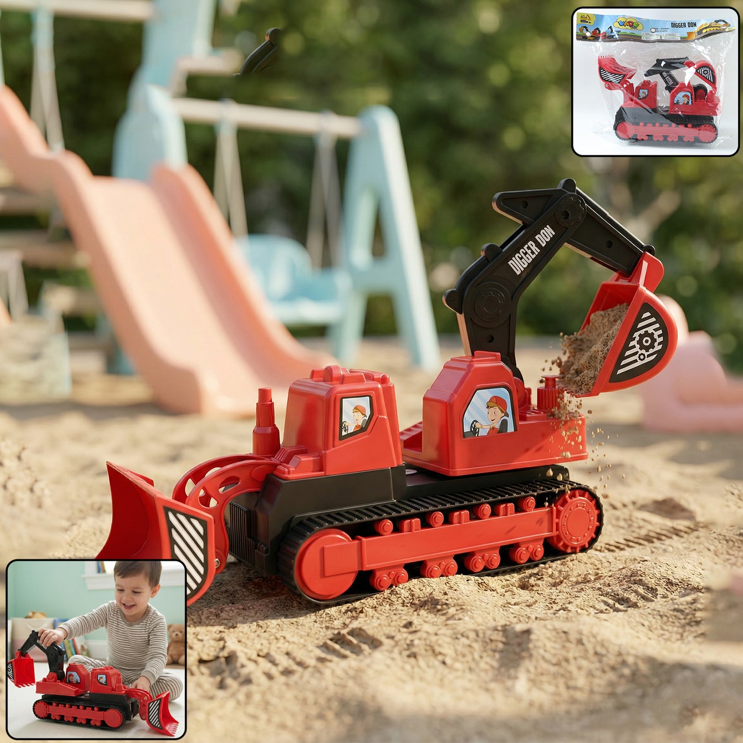 Wukusy Digger Don construction track toy with a colorful toy digger on a track, designed for kids' imaginative play.