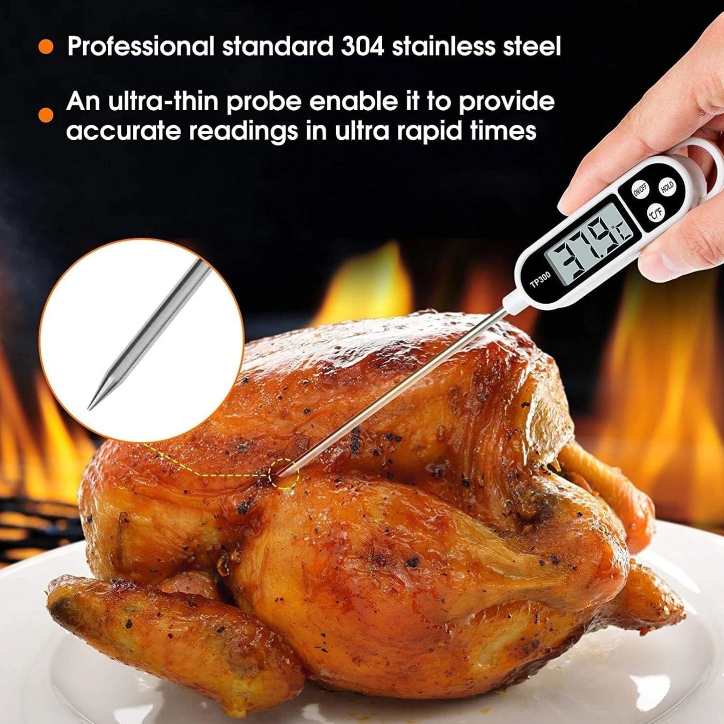 Wukusy digital food thermometer with LCD display showing temperature readings for precise cooking and food safety.