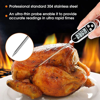 Wukusy digital food thermometer with LCD display showing temperature readings for precise cooking and food safety.